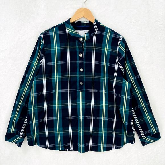 Chicos Shirt Womens 3 (US 16/18) Tartan Plaid Band Collar Half Crystal Button - Picture 1 of 13